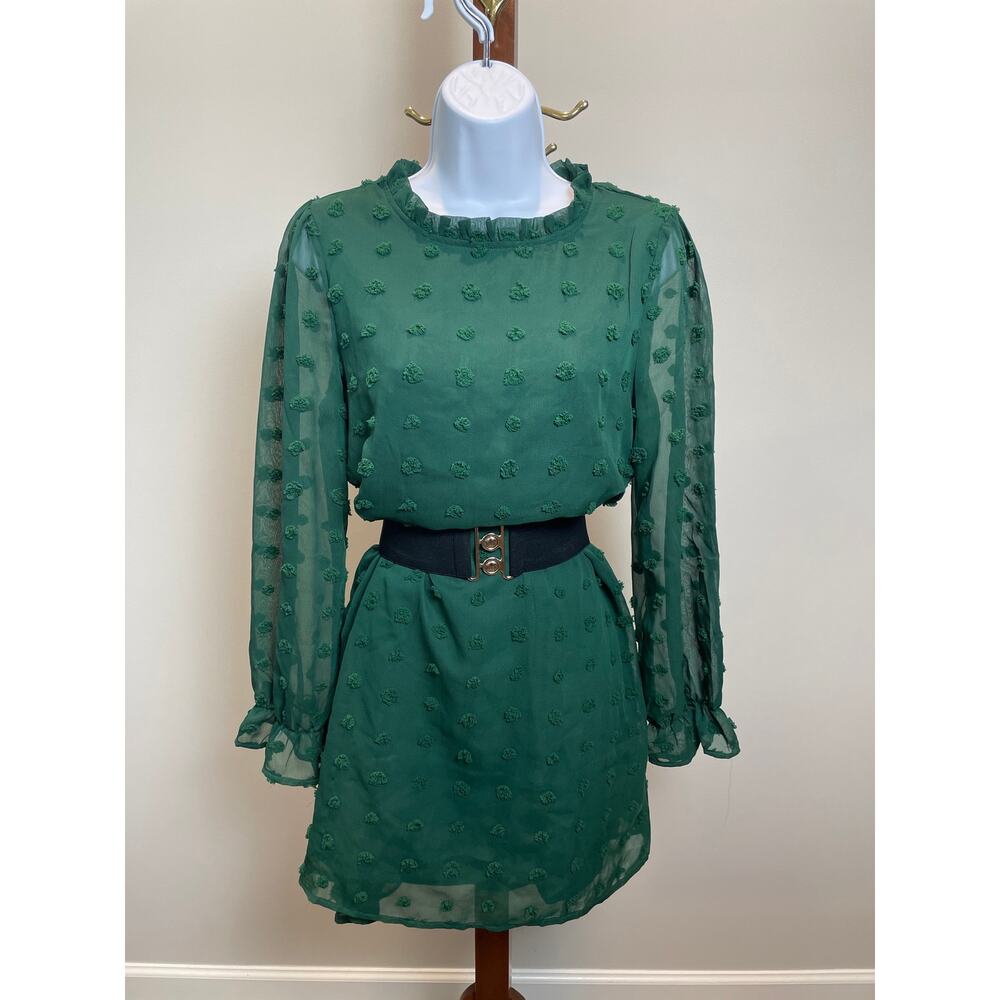 Adibosy Green Chiffon Blouson Dress Embroidered Polka Dot Puff Sleeve Size M NWT